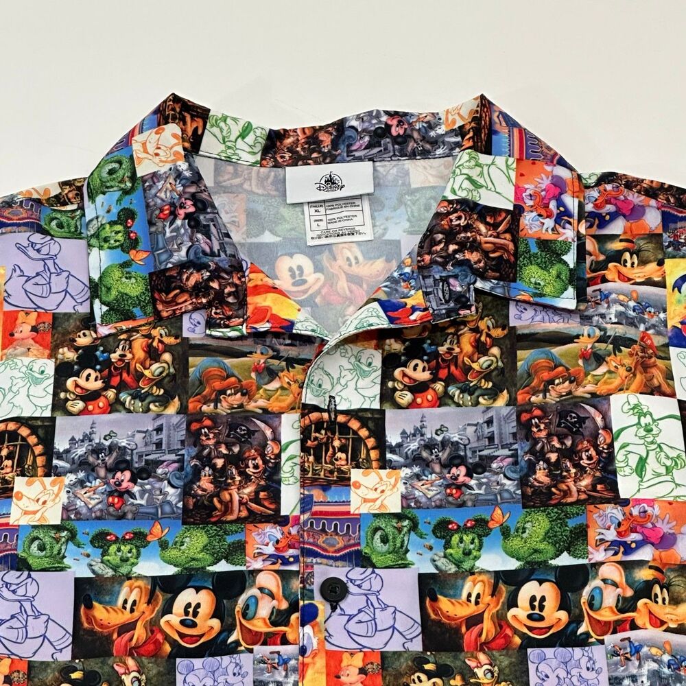 Disney Parks Men's Camp Shirt Multicolor Allover Print Polyester, Size‎ L